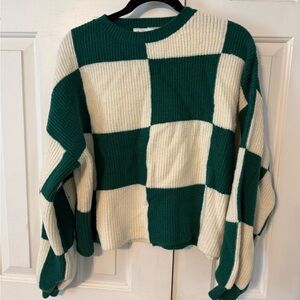 Green and White Checkered Women's Sweater